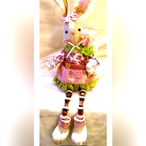 Pier 1 Easter Bunny Rabbit Shelf Sitter Dangle Button Legs Farmhouse Decor - Picture 2 of 11